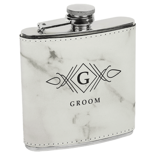 6 oz.White Marble Laserable Leatherette Stainless Steel Flask