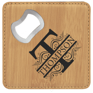 4" x 4" Square Bamboo Laserable Leatherette Coaster with Bottle Opener