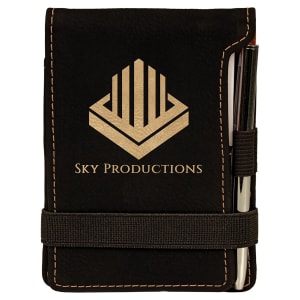 3 1/4" x 4 3/4" Black/Gold Laserable Leatherette Mini Notepad with Pen