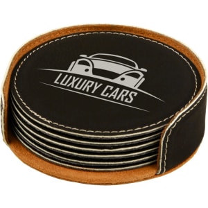 4" Black/Silver Round Laserable Leatherette 6-Coaster Set