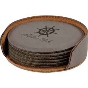 4" Gray Round Laserable Leatherette 6-Coaster Set