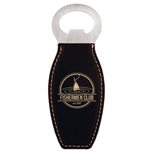 Black/Gold Laserable Leatherette Bottle Opener with Magnet