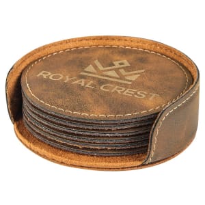 4" Rustic/Gold Round Laserable Leatherette 6-Coaster Set