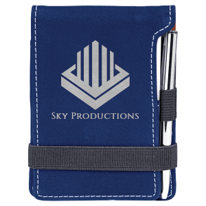 3 1/4" x 4 3/4" Blue/Silver Laserable Leatherette Mini Notepad with Pen