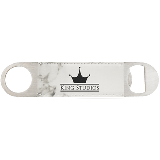 1 1/2" x 7" White Marble Laserable Leatherette Bottle Opener